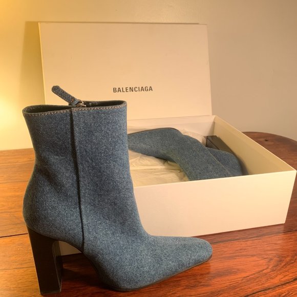 Balenciaga Blue Denim Block-Heel Ankle Booties - Picture 2 of 8